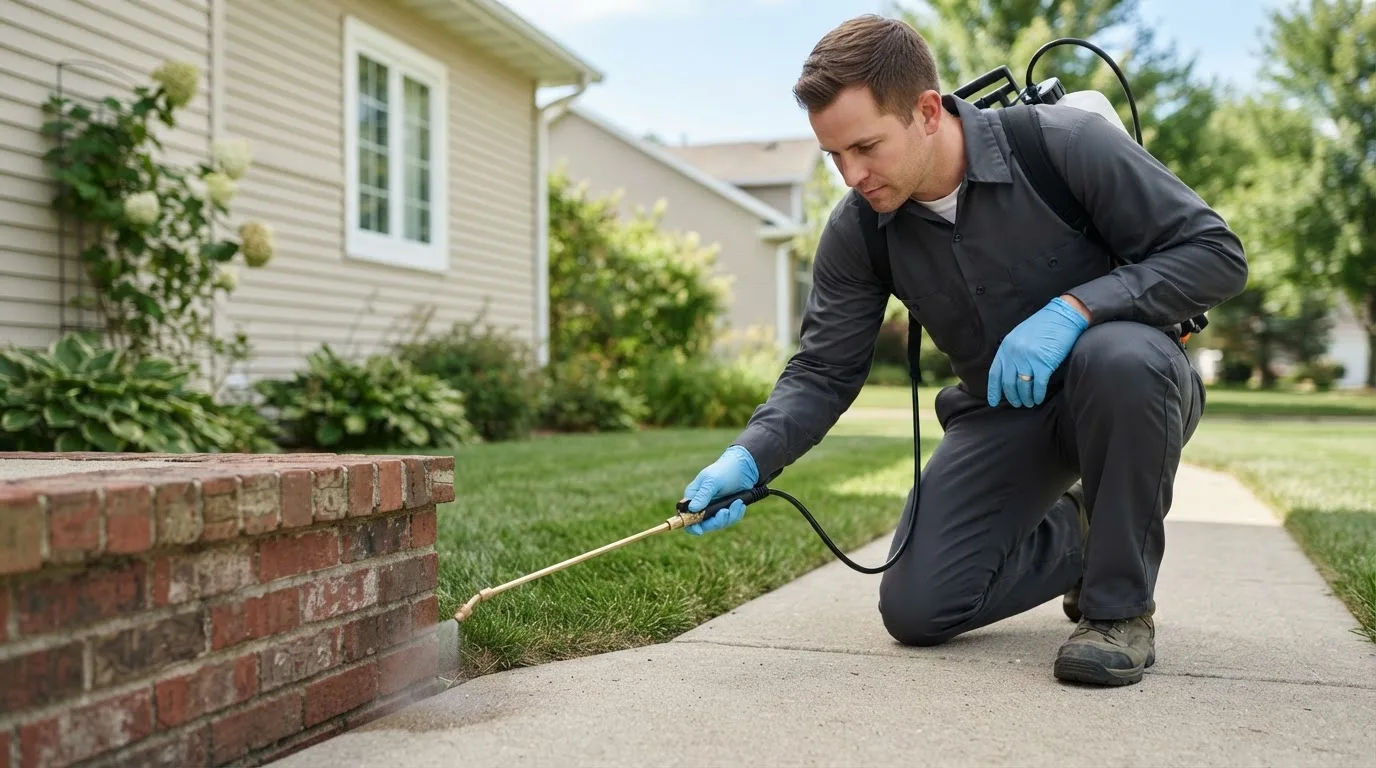 Pest control technician treating a home near Stanwood, MI