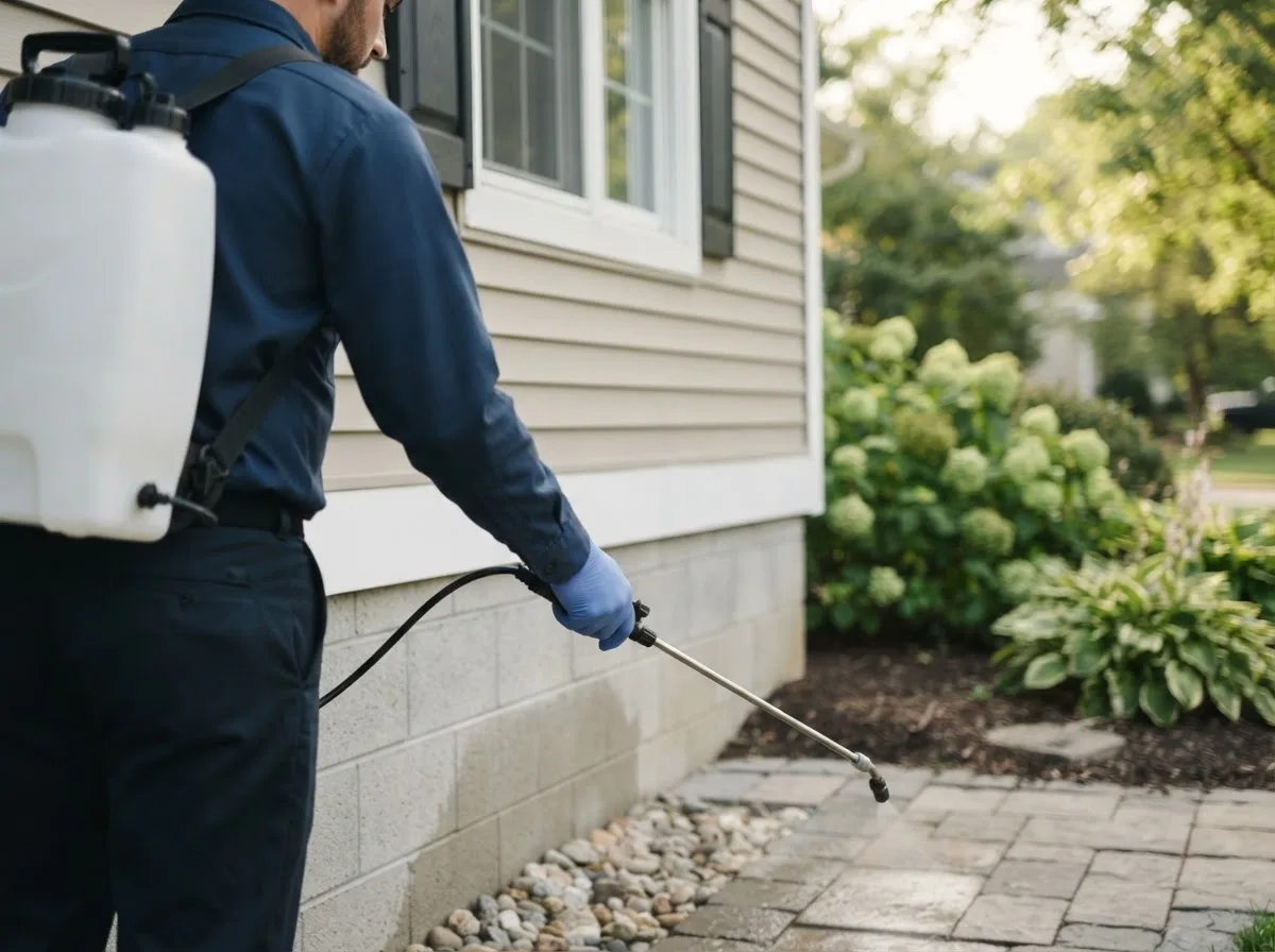 Pest control technician inspecting a home in Stanwood, MI